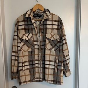 ZARA Plaid Shacket Jacket | Size M | Neutral Oversized Snap Button Layer